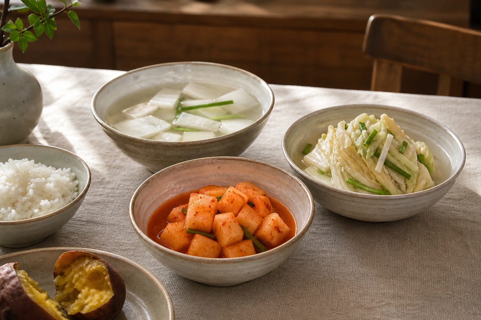 한 상에 놓인 깍두기와 백김치, 동치미, 밥과 군고구마